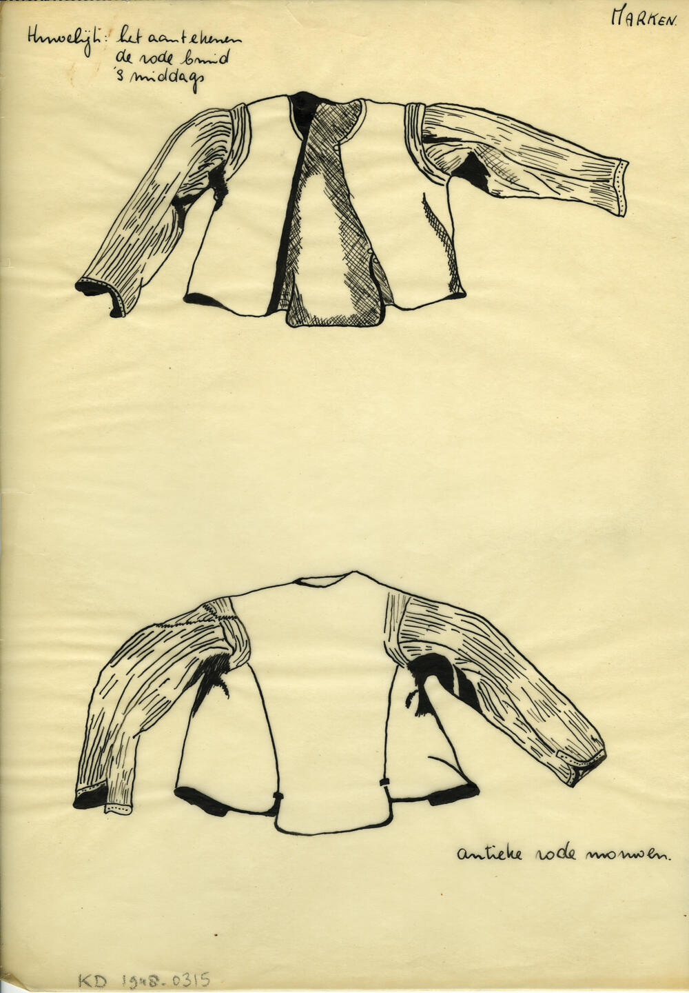 Tekening van antieke rode mouwen, Marken