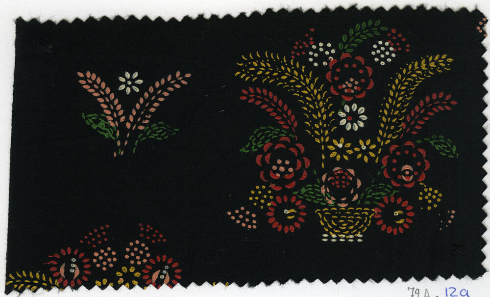 Zwart satijn met meerkleurig stipwerk, Staphorst, 1920–1950