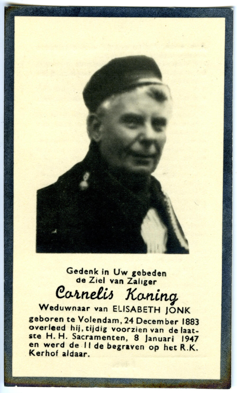 Bidprentje van Cornelis Koning, 1947