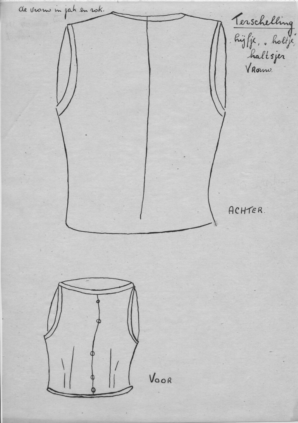 Tekening van een lijfje, 'holtje' of 'haltsjer', Terschelling