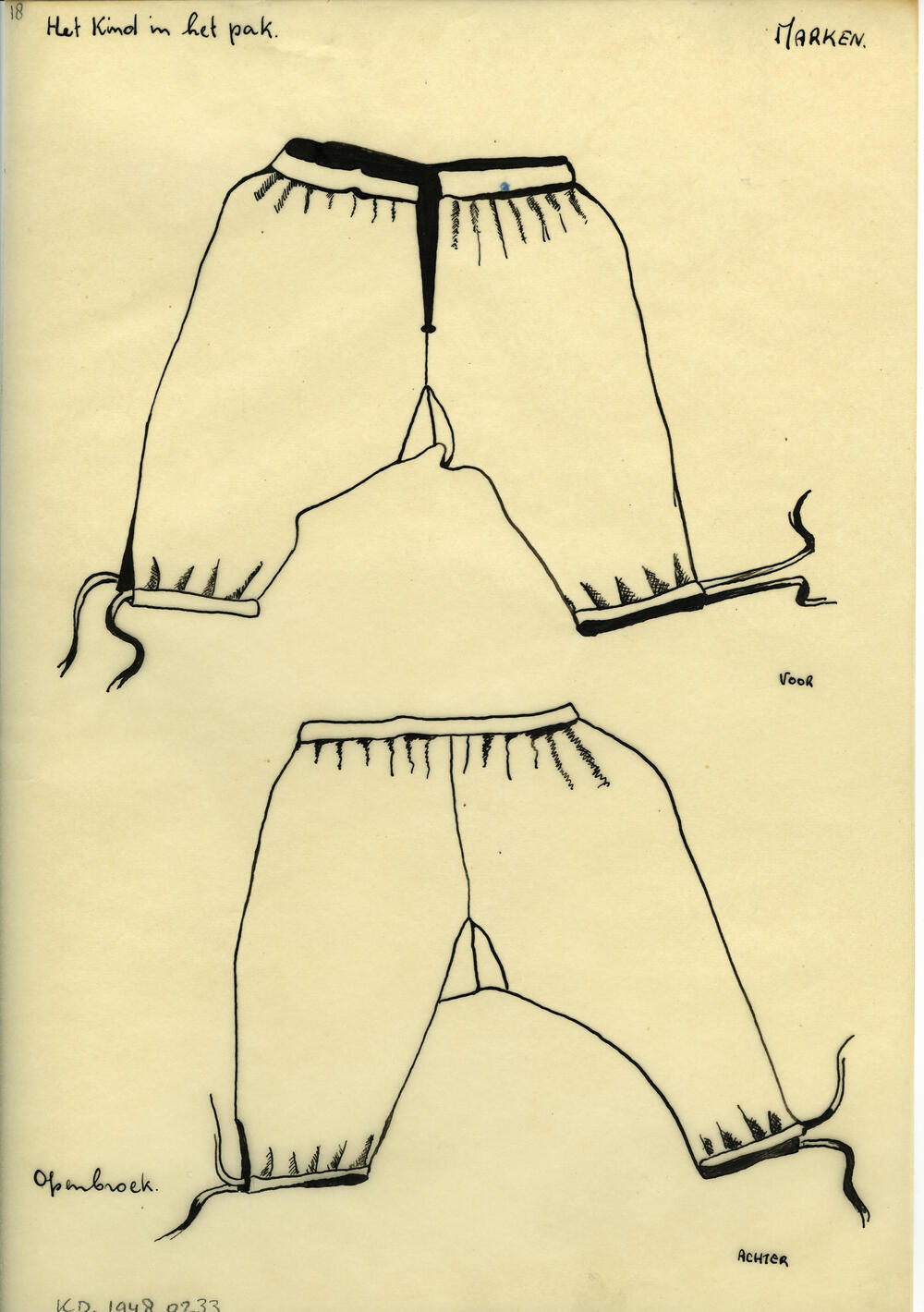 Tekening van een openbroek, Marken