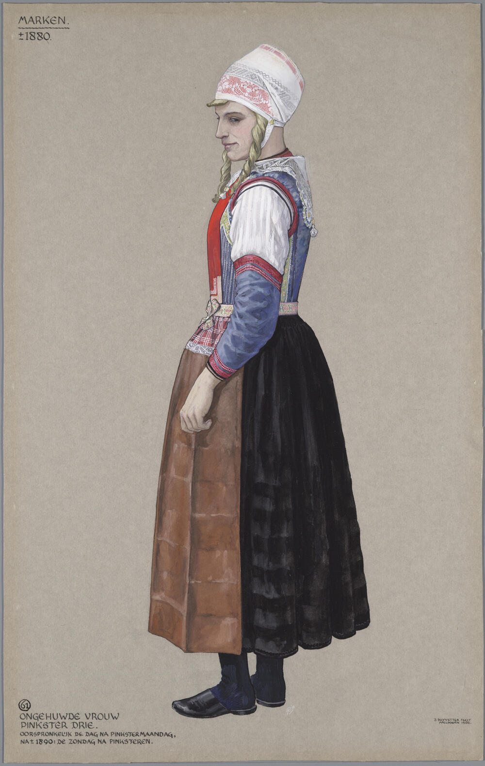 Ongehuwde vrouw tijdens Pinkster Drie, Marken circa 1880