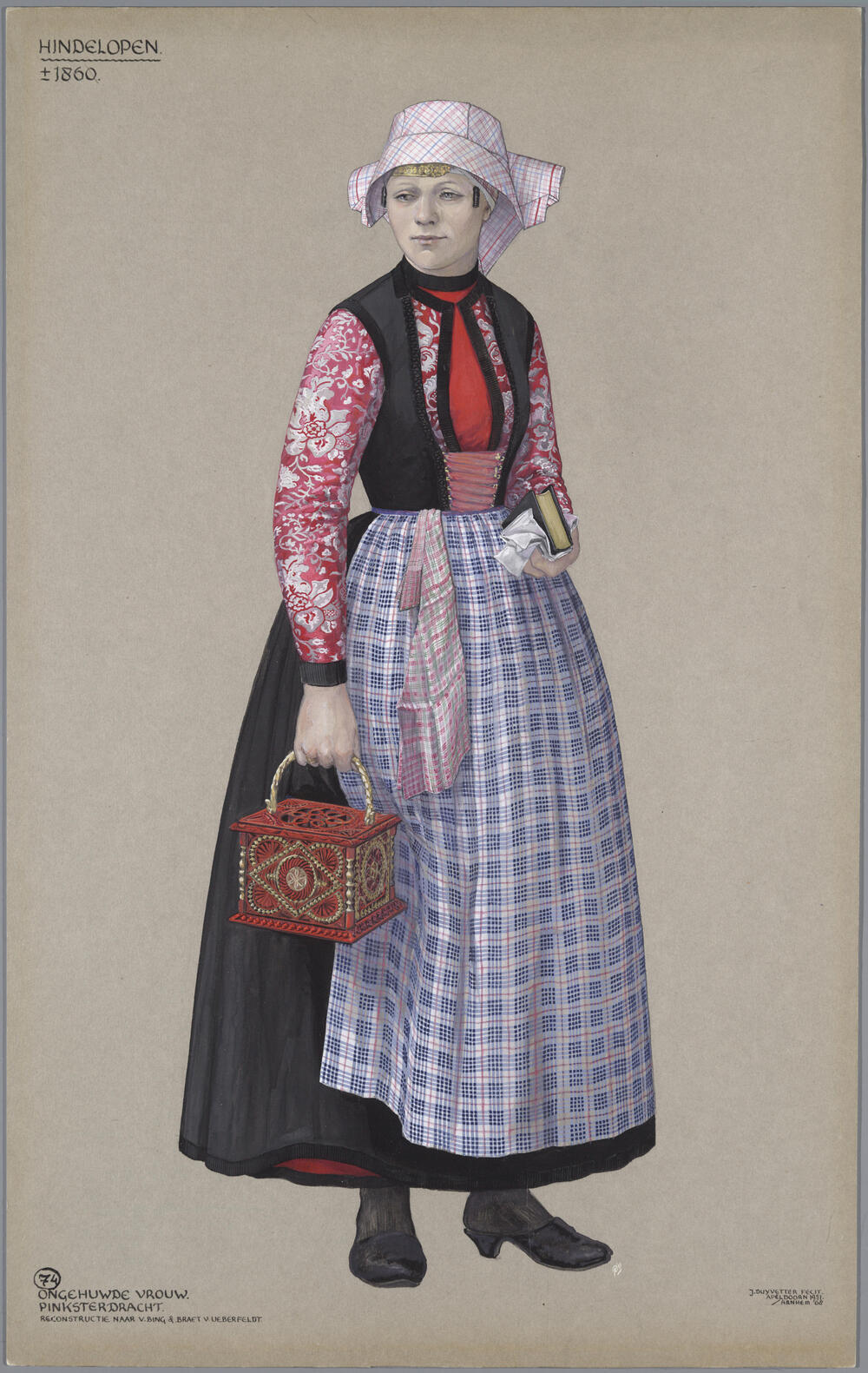 Ongehuwde vrouw in pinksterdracht, Hindeloopen circa 1860