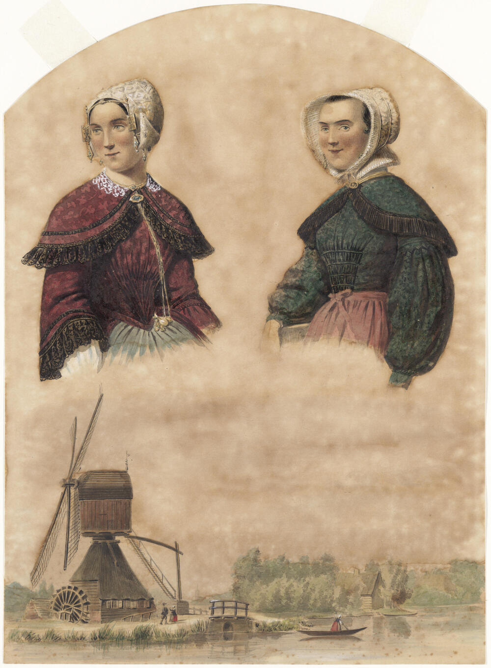 Vrouwen in Zuid-Hollandse dracht en een landschap met poldermolen