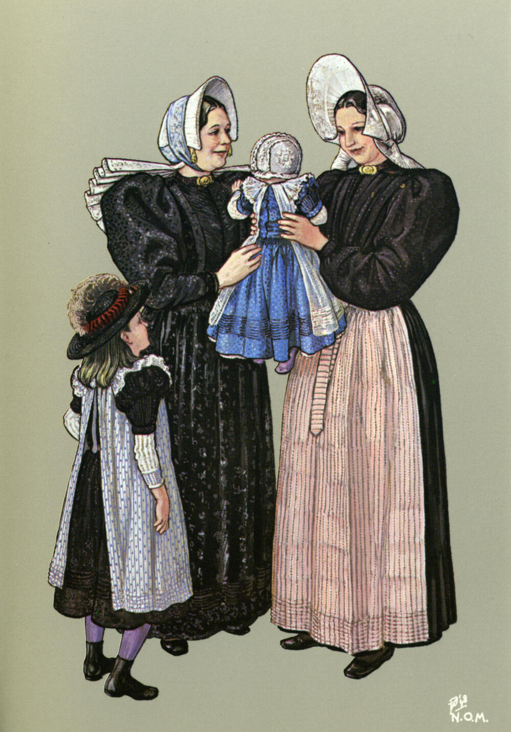 Vrouwen en kinderen in dracht, Huizen circa 1920