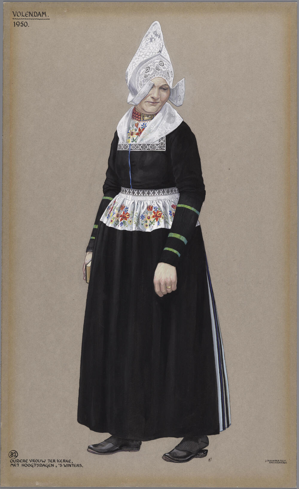 Vrouw in winterse kerkdracht, Volendam 1950