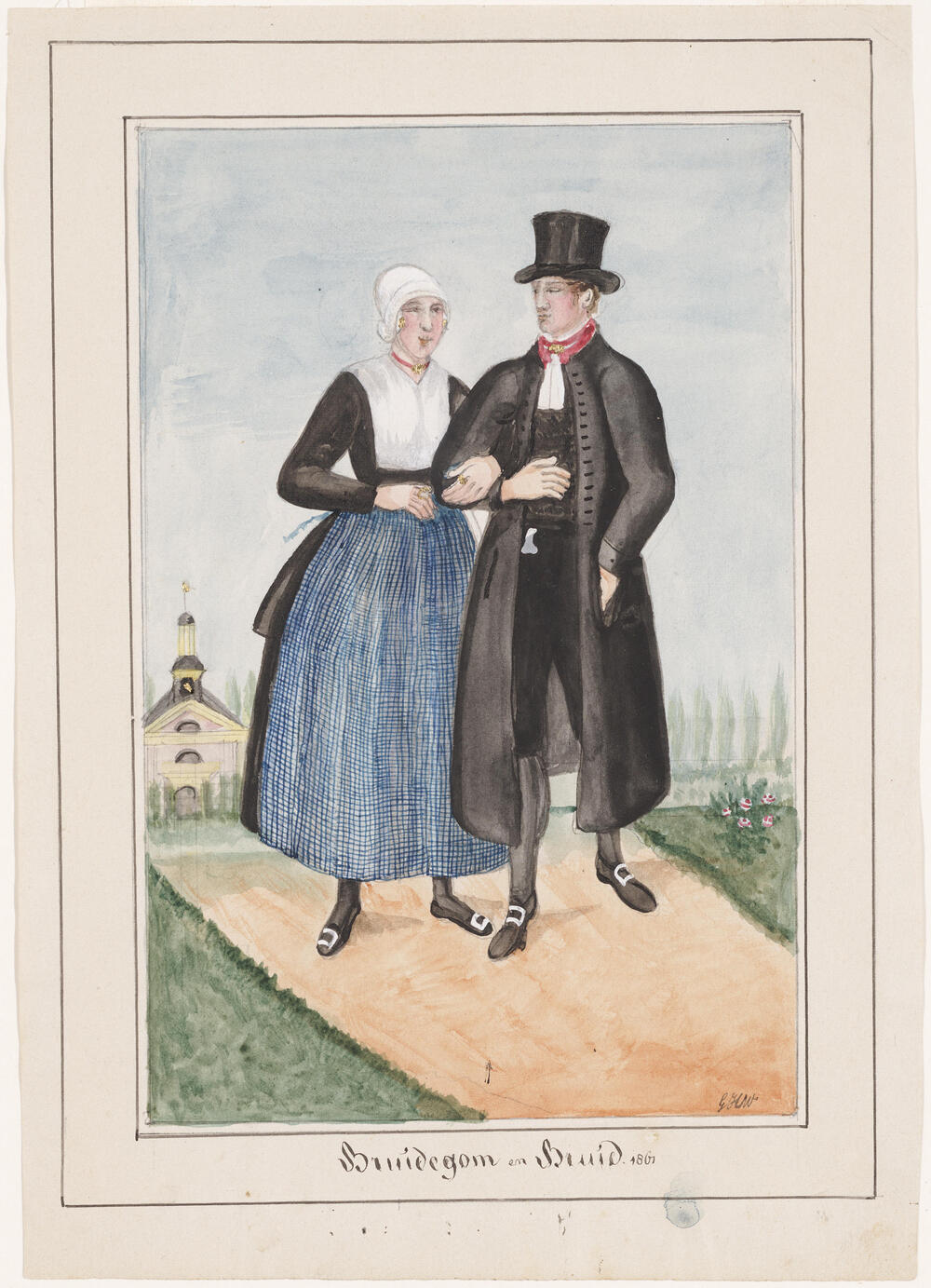 Bruidegom en bruid in dracht, Noord-Veluwe 1861.