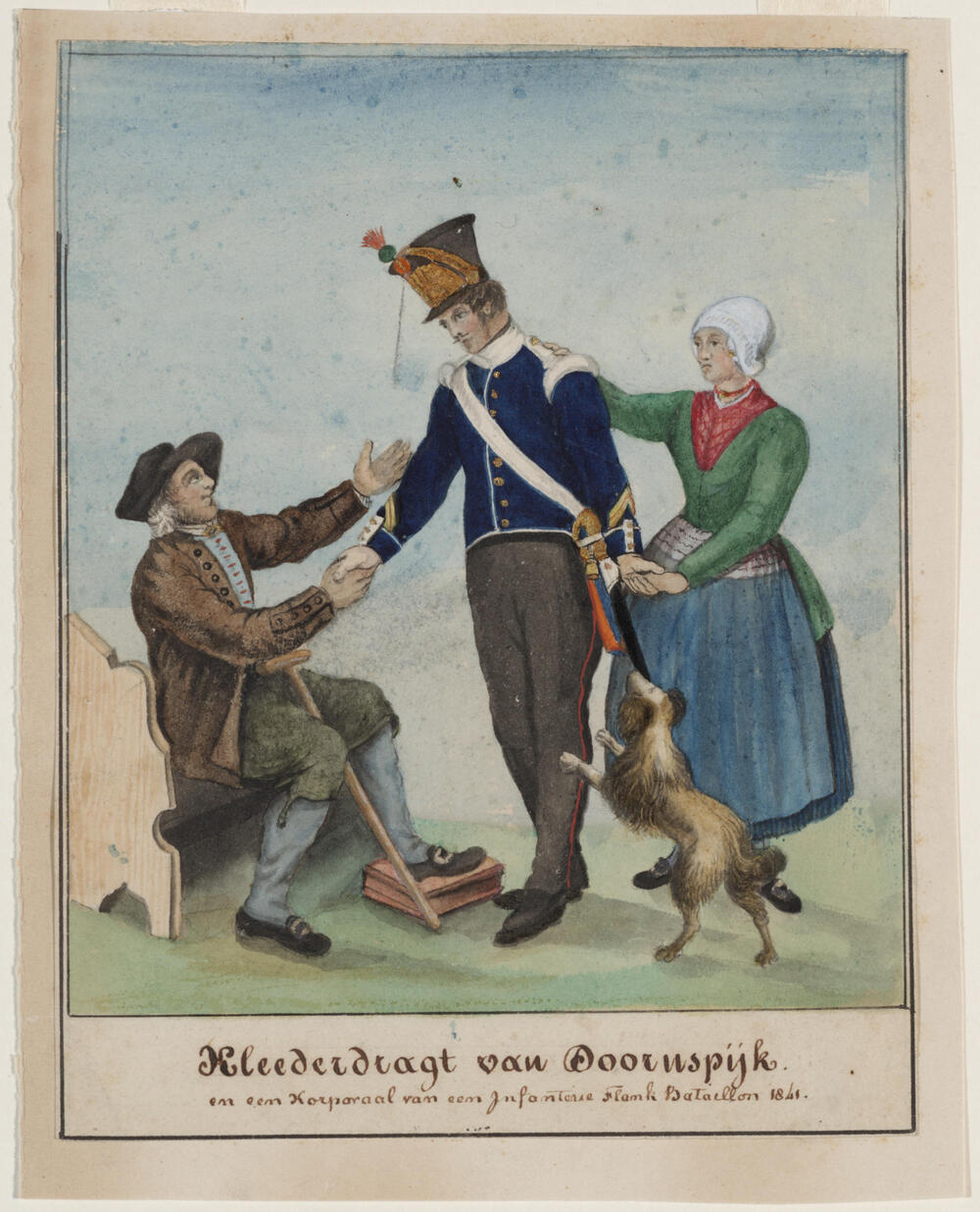 Man en vrouw in de dracht van Doornspijk en een korporaal, 1841