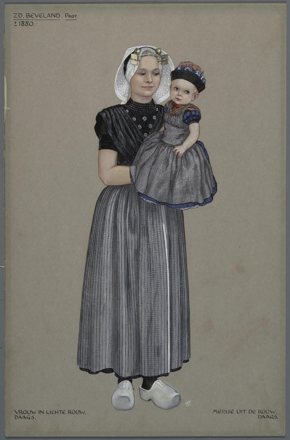 Vrouw en meisje in protestantse Zuid-Bevelandse dracht circa 1880