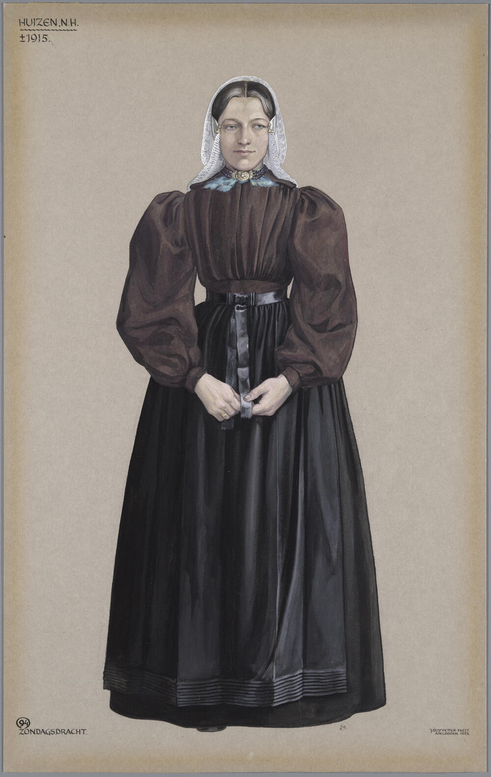 Vrouw in zondagse dracht, Huizen circa 1915