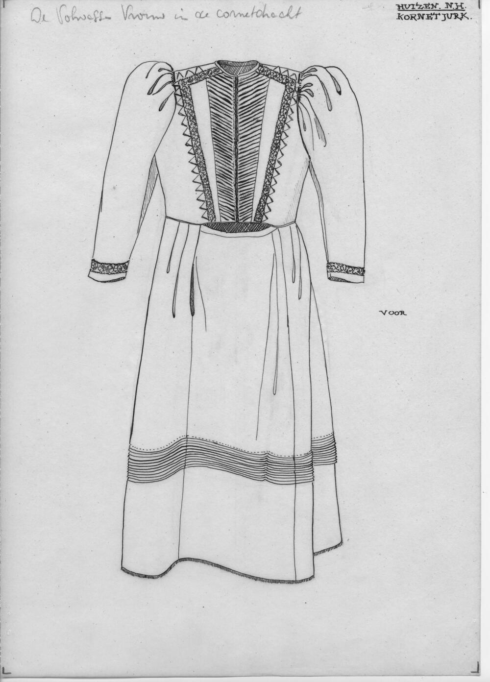 Tekening van een kornetjurk, Huizen