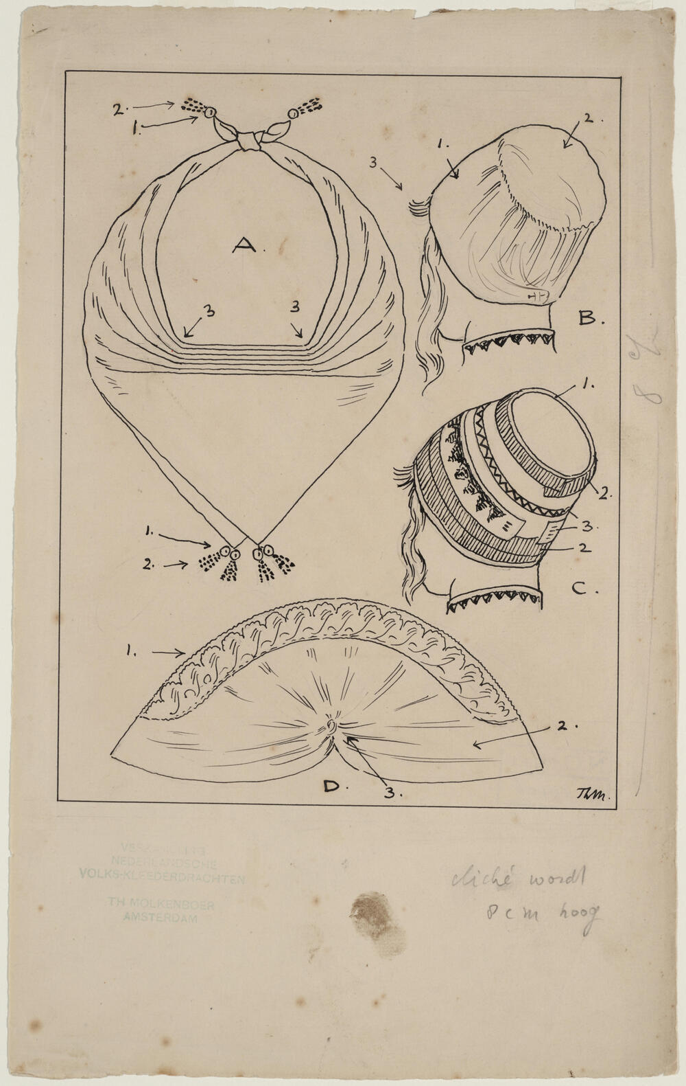 Tekening van halsdoekje en muts Marker vrouwendracht, voor juli 1915