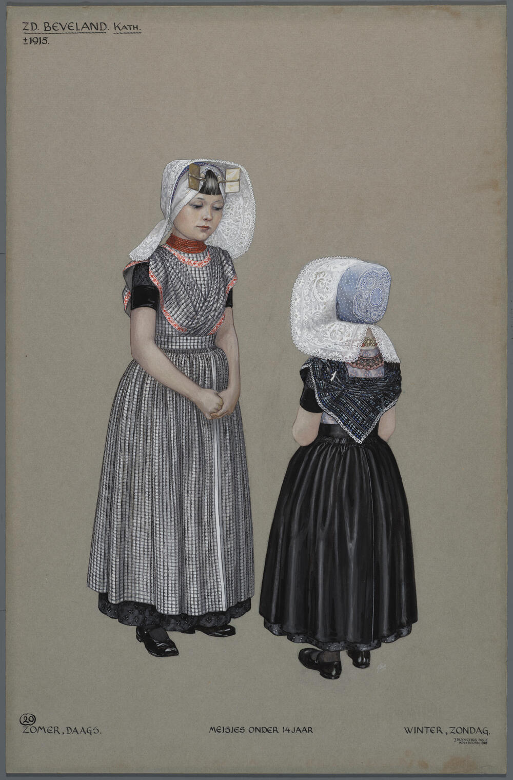 Twee meisjes in katholieke Zuid-Bevelandse dracht circa 1915