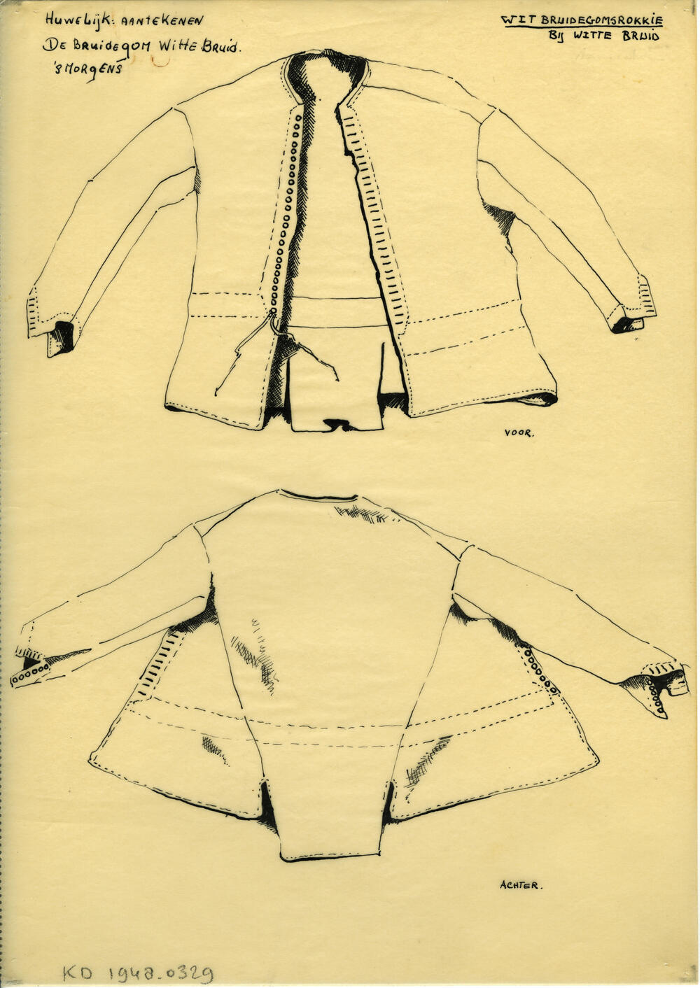 Tekening van een wit 'bruidegomsrokkie', Marken