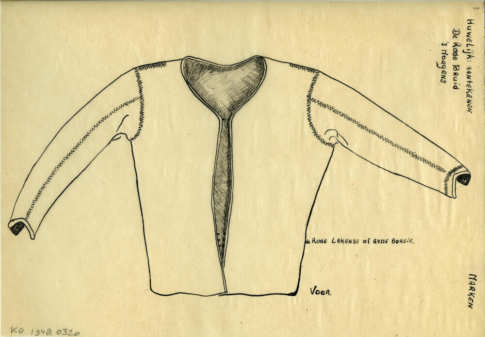 Tekening van een rode lakense borsik, Marken