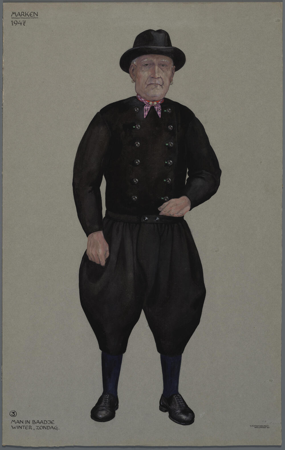 Man in zondagse winterdracht, Marken 1947