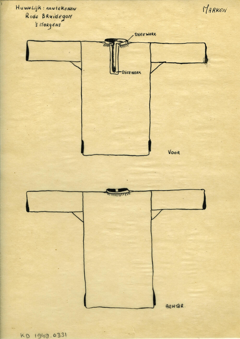 Tekening van een bruidegomshemd, Marken