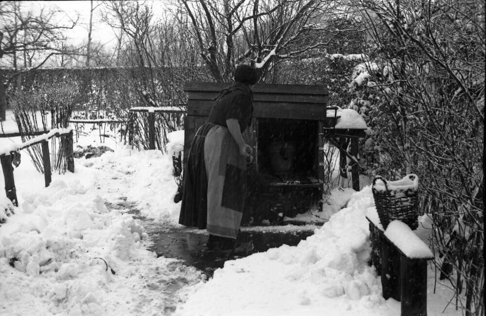 Vrouw in dracht bij afgesloten waterput, Hulshorst, 1946