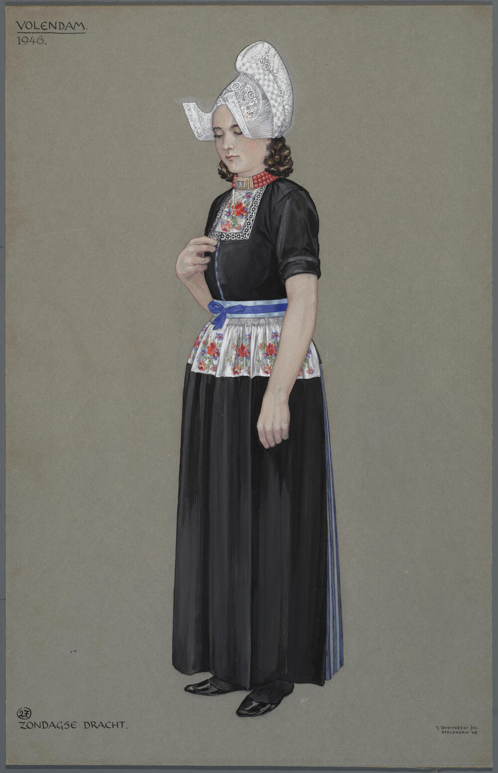 Vrouw in zondagse dracht, Volendam 1946