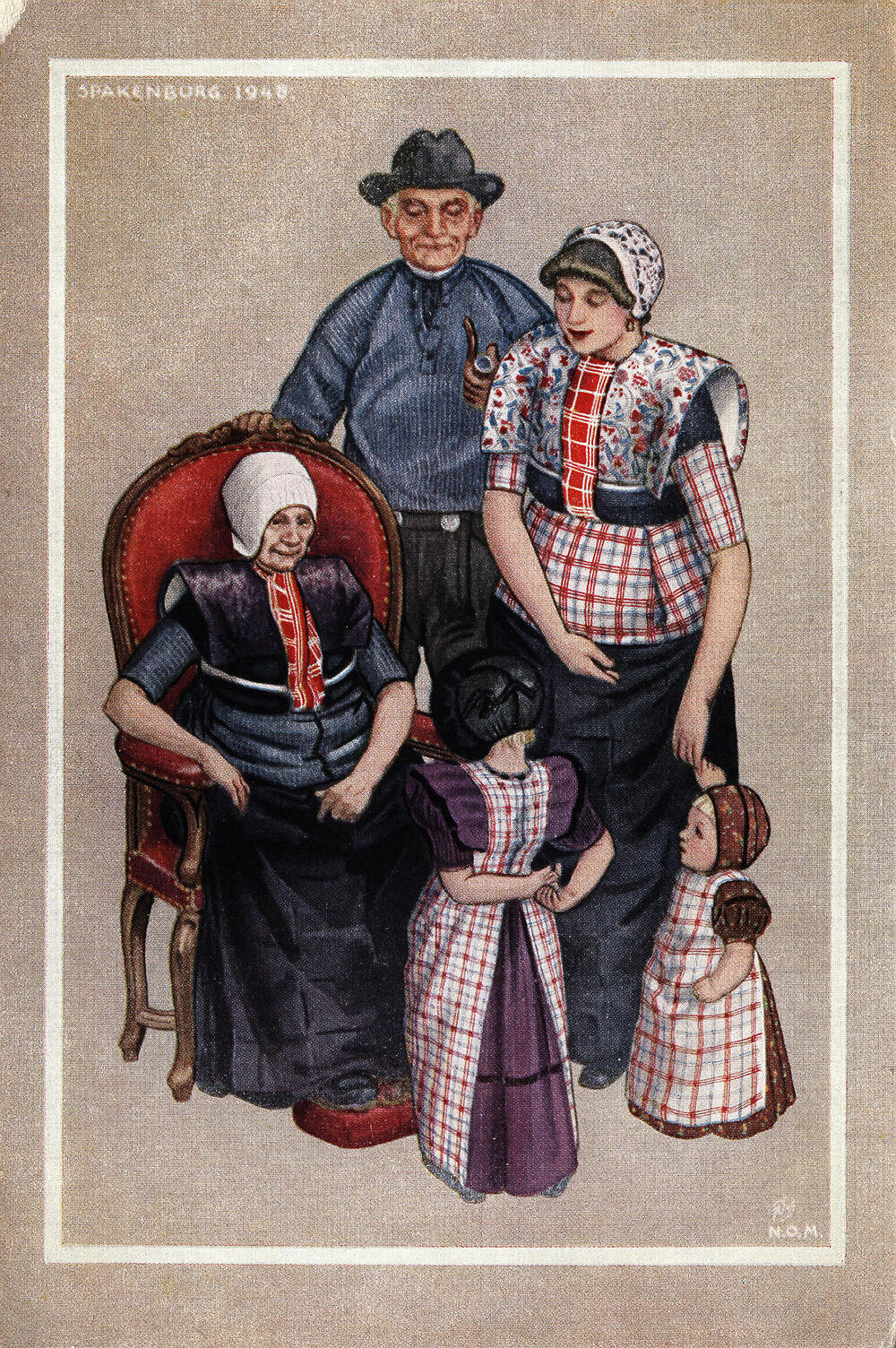 Vrouwen, man en kinderen in dracht, Spakenburg 1948