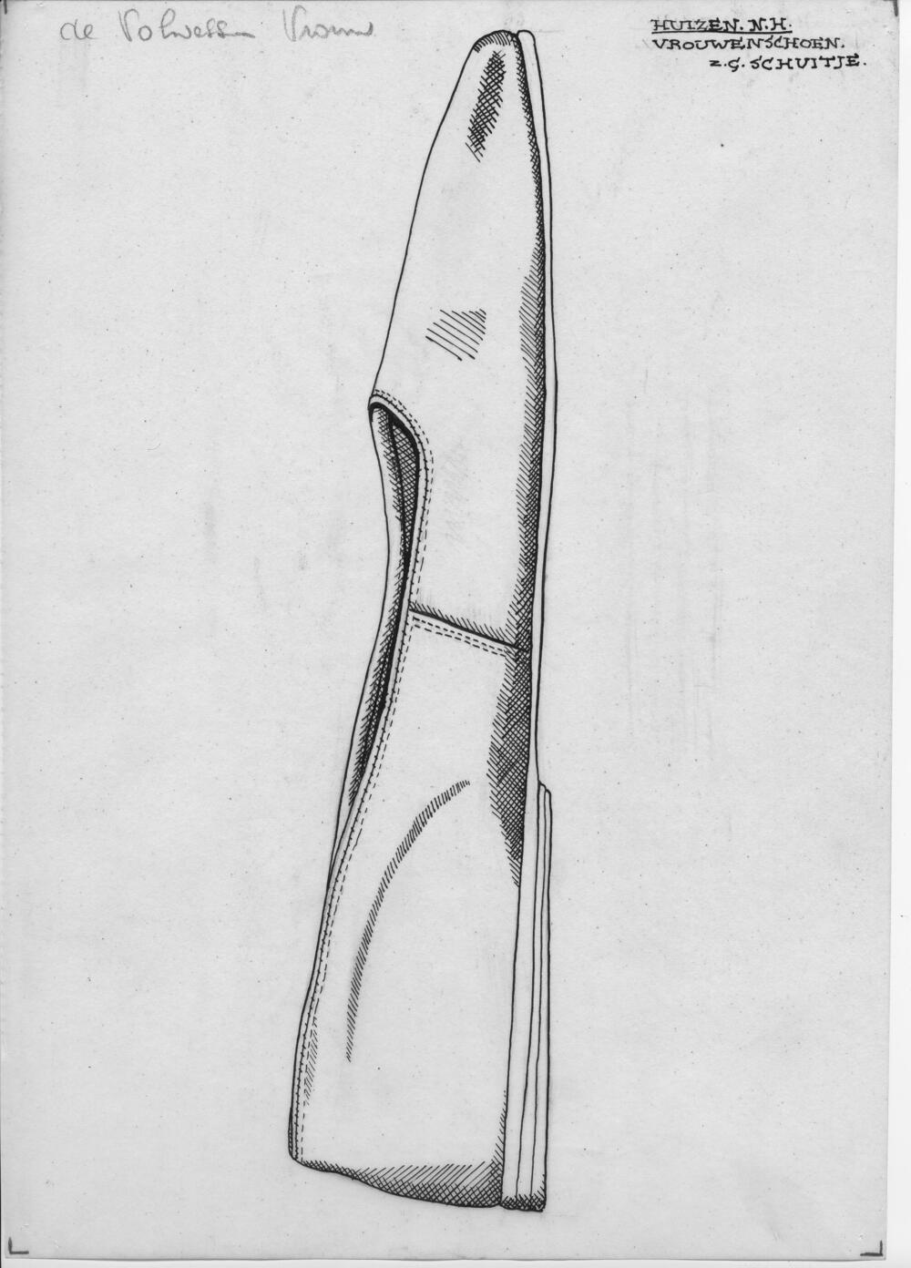 Tekening van een vrouwenschoen of 'schuitje', Huizen