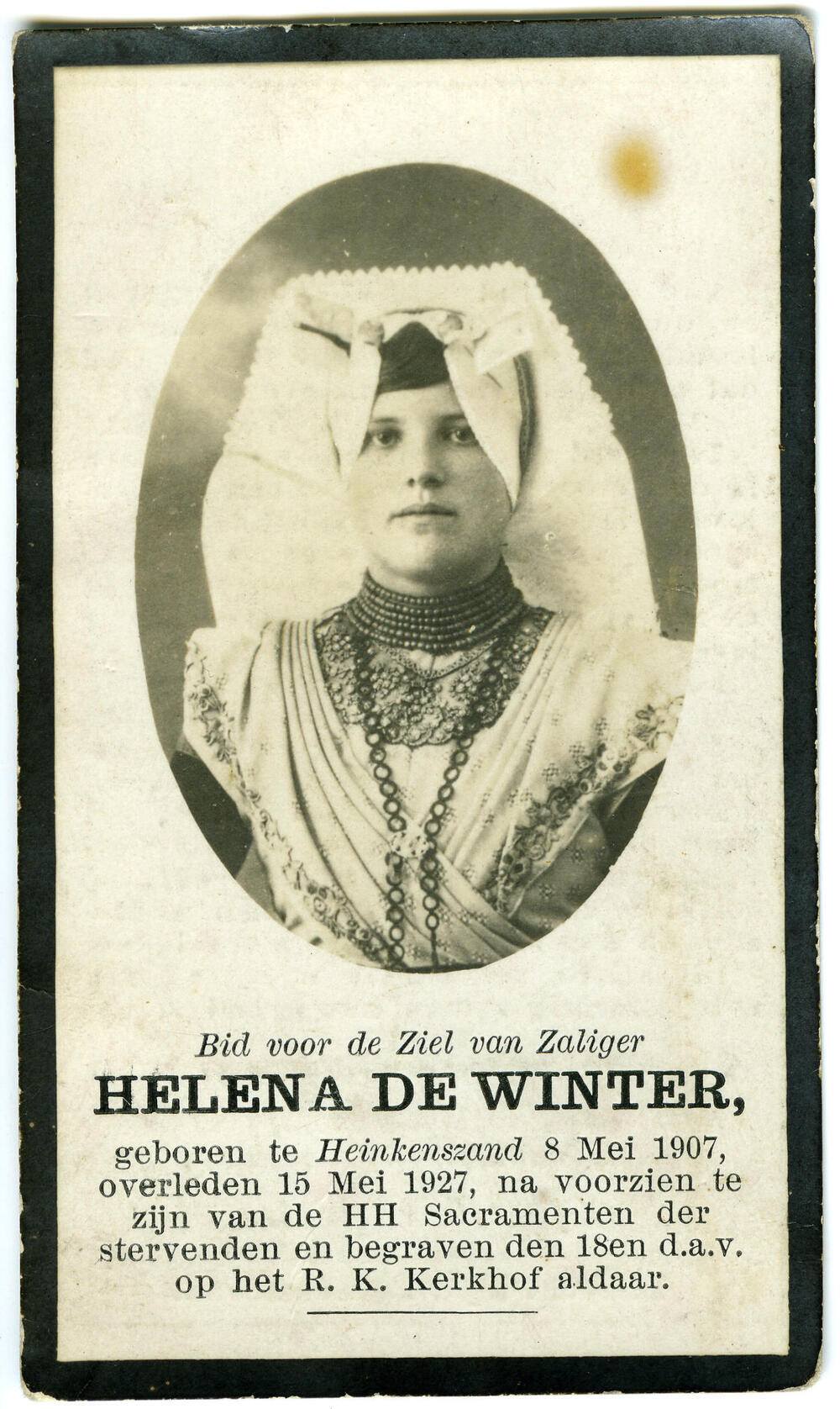 Bidprentje van Helena de Winter, 1927