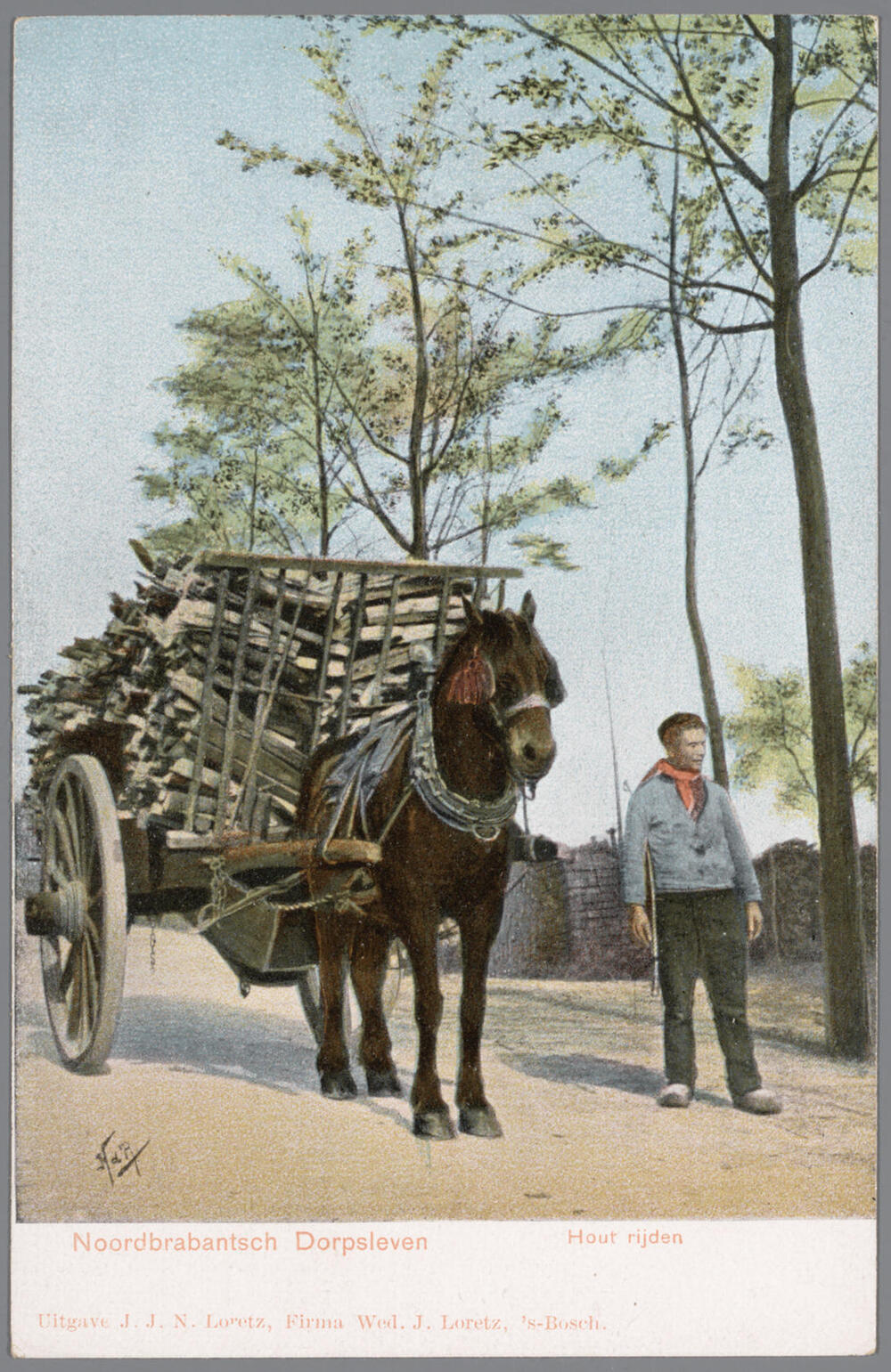 Man in Noord-Brabantse dracht bij een kar met hout, 1903–1905