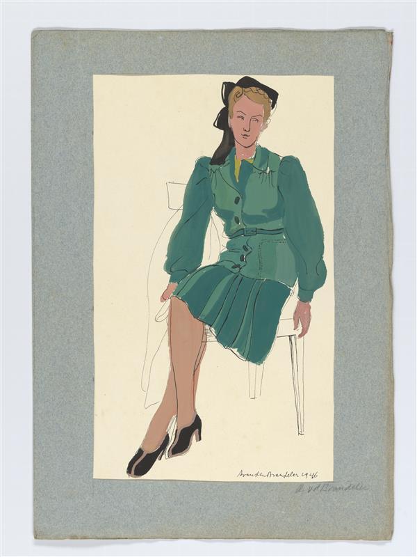 Ontwerptekening van mevrouw van Hoey Smith-Boellaard, gekleed in rok en lange blouse