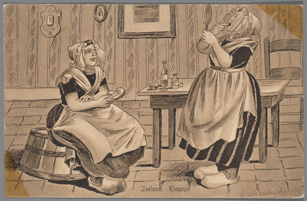 Tekening van twee vrouwen in Zuid-Bevelandse streekdracht in een interieur