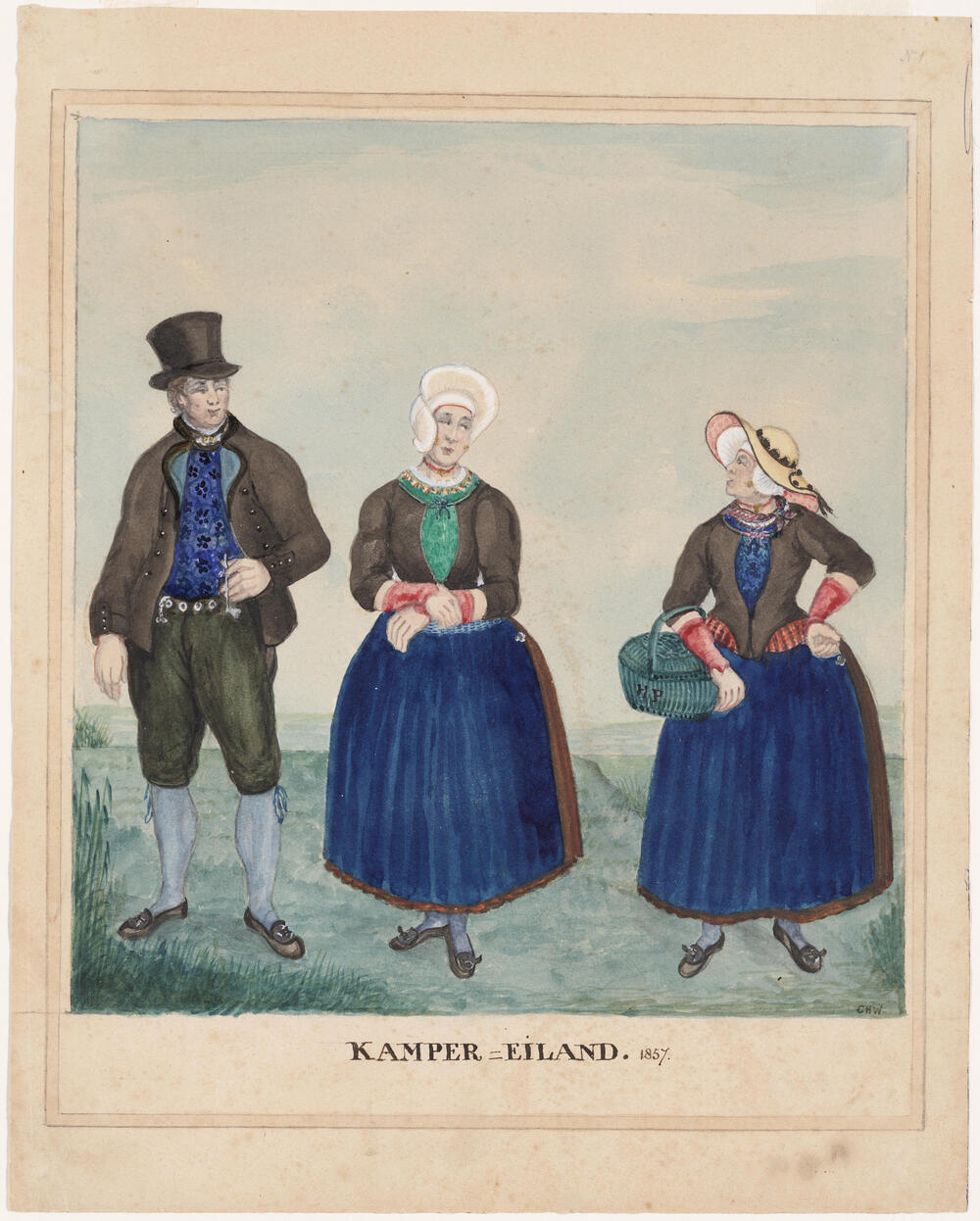 Man en twee vrouwen in dracht, Kampereiland, 1857