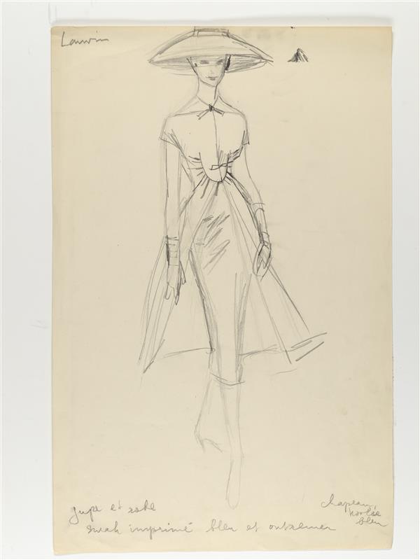 Modetekening van ensemble Lanvin, bestaande uit (o.a.?) jurk