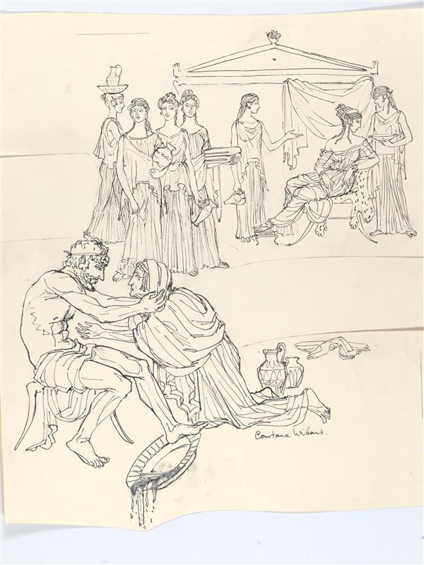 Illustratie van Odysseus, Penelope, voedster en vier slavinnen