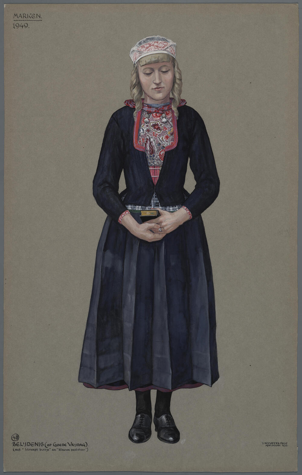 Vrouw in dracht Goede Vrijdag, Marken 1949