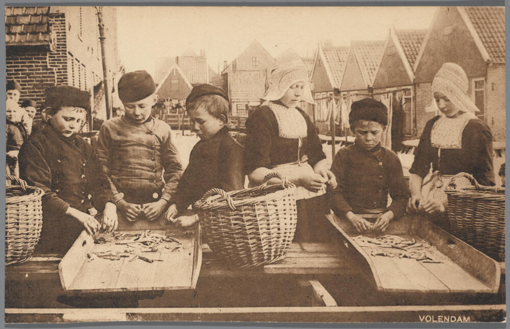 Jongens en meisjes in Volendammer dracht tijdens het schoonmaken van ansjovis