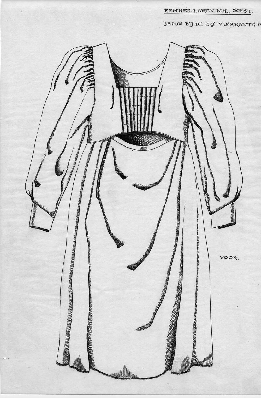 Tekening van voorzijde japon, Eemnes, Laren en Soest
