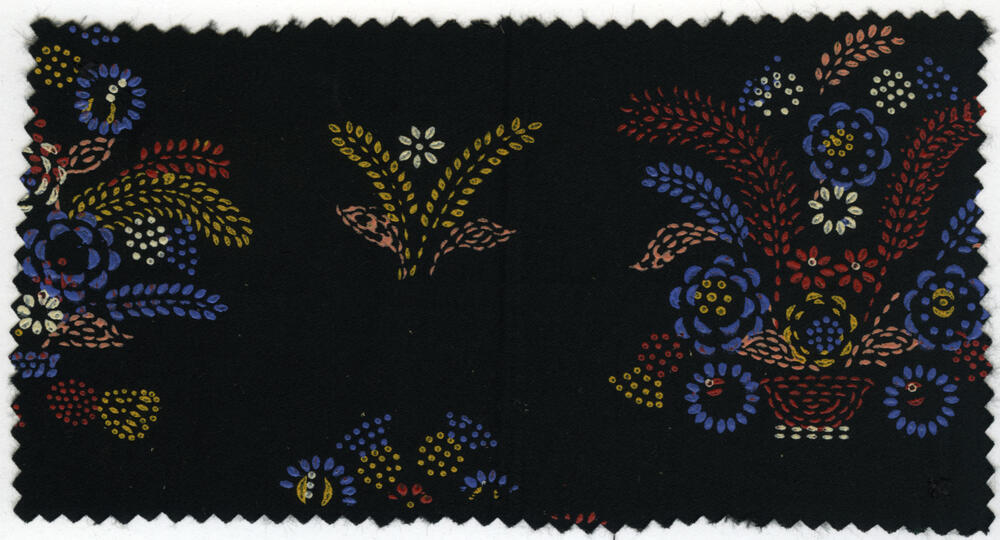 Zwart satijn met meerkleurig stipwerk, Staphorst, 1920–1940