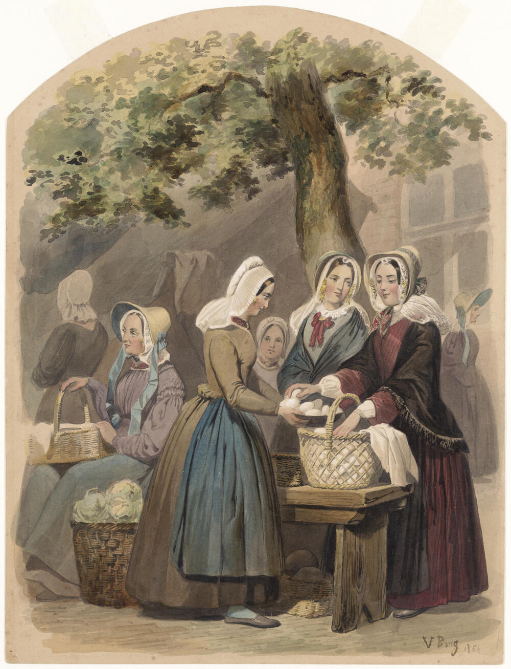Vrouwen in de dracht van Schouwen en Duiveland op de markt van Zierikzee.