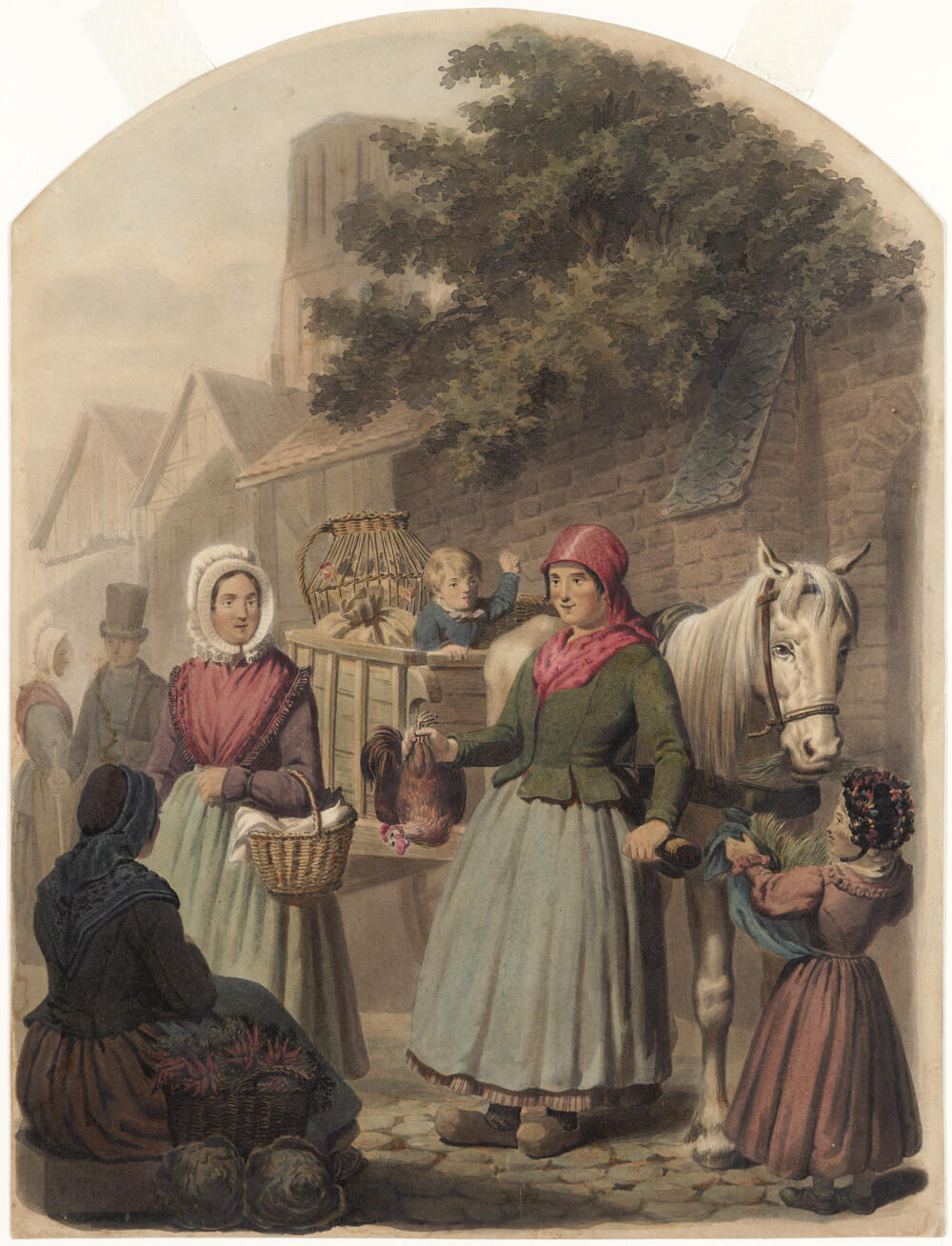 Mensen in de dracht van Lonneker en Losser op de markt