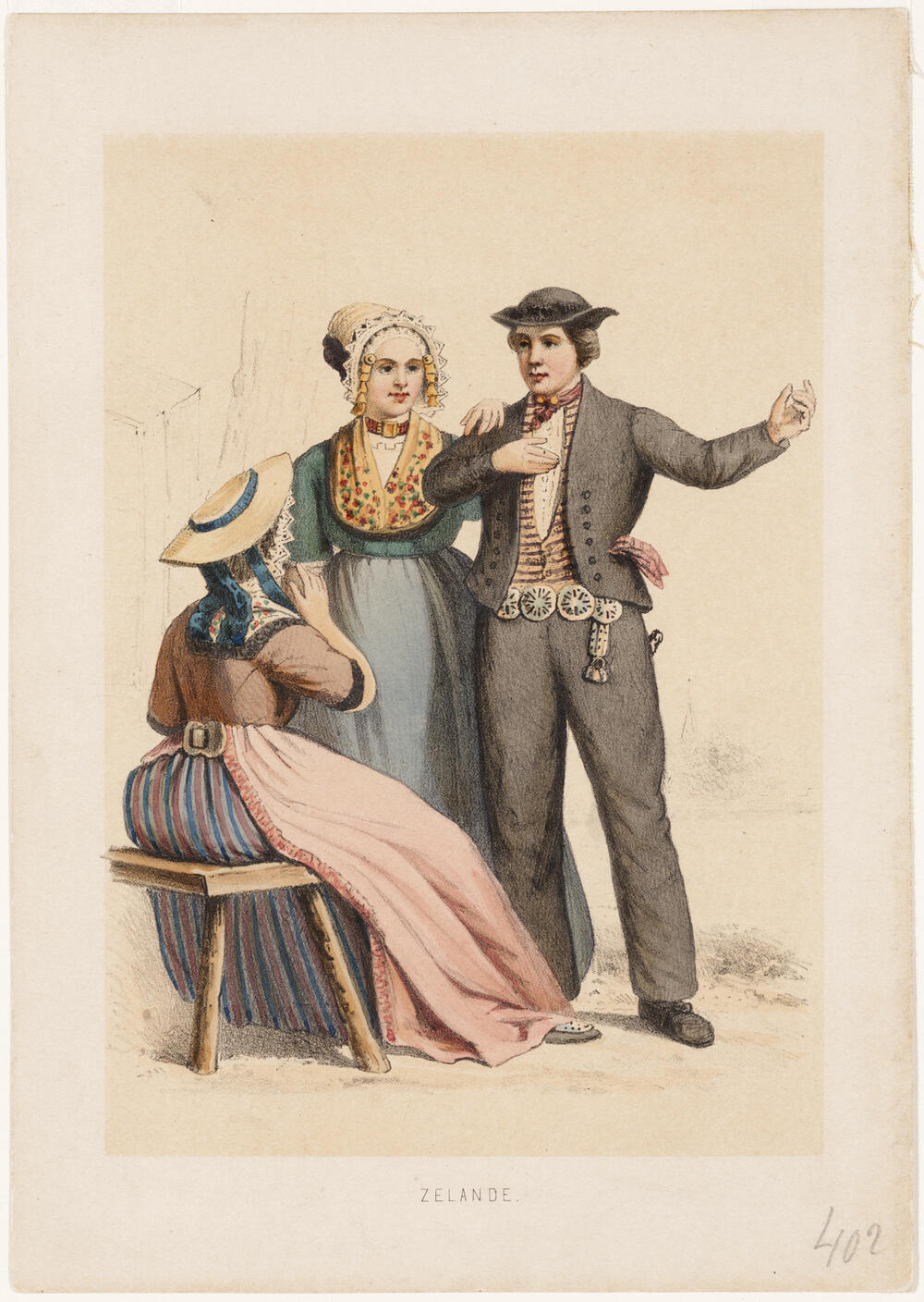 Twee vrouwen en een man in de dracht van Zuid-Beveland