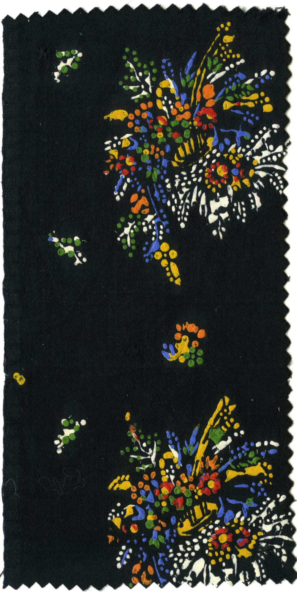 Zwart satijn met meerkleurig stipwerk, Staphorst, 1920–1960