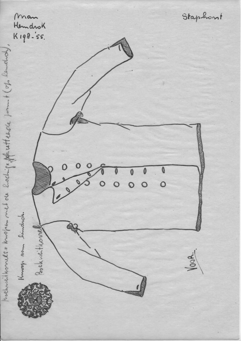 Tekening van een hemdrok en knoop, Staphorst