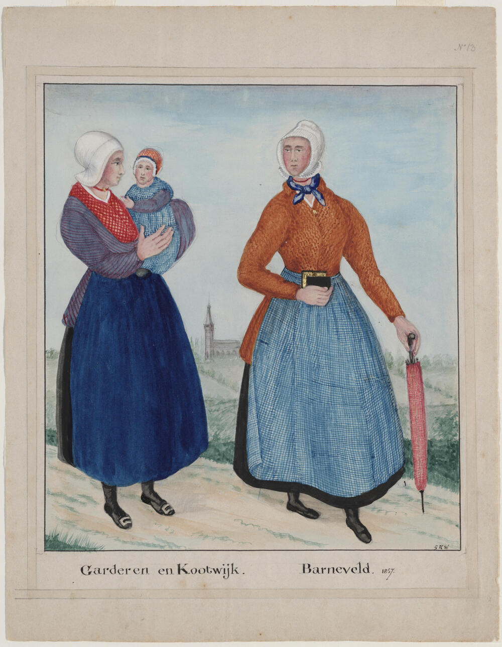 Twee vrouwen en kind in dracht, Garderen, Kootwijk en Barneveld, 1857