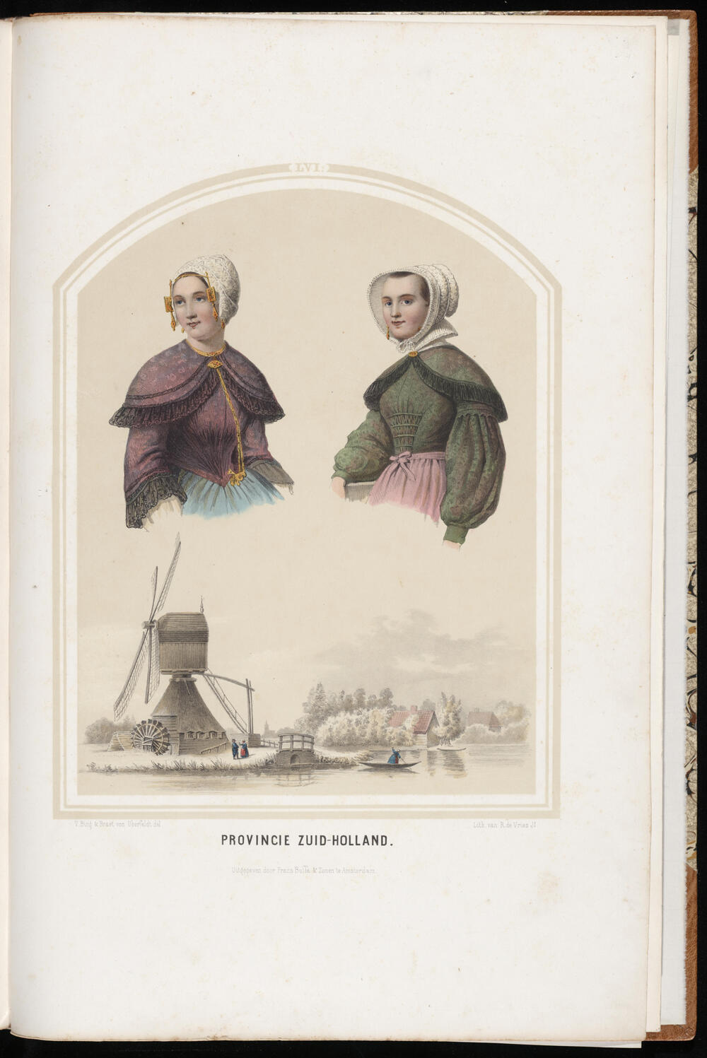 Vrouwen in Zuid-Hollandse dracht en een landschap met poldermolen