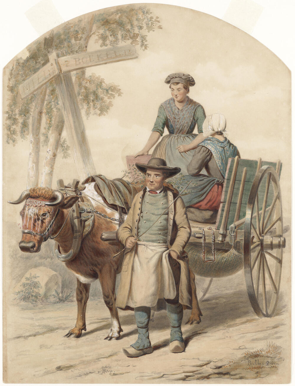 Mensen met een ossenkar in de dracht van de Meierij van Den Bosch