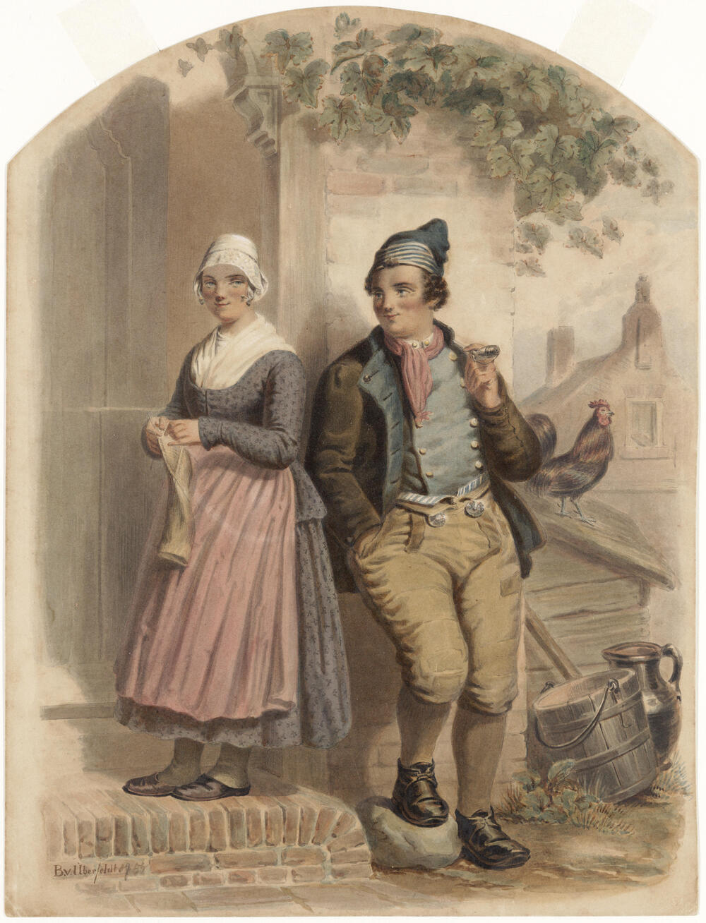 Vrouw en man in Huizer dracht, 1854