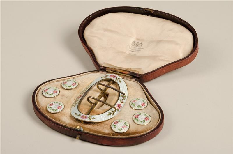 Set van een gesp en zes knopen in etui