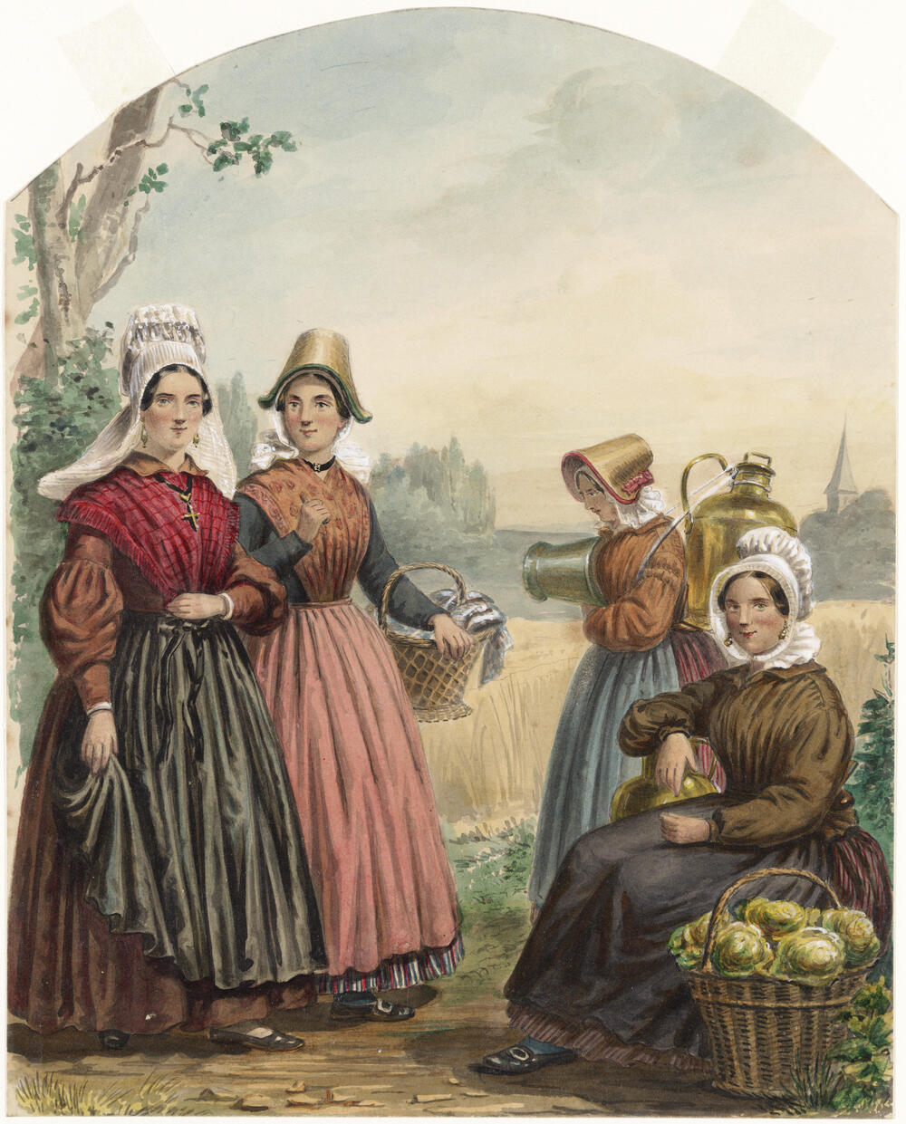 Vrouwen in de dracht van Noord-Brabant gaan ter markt
