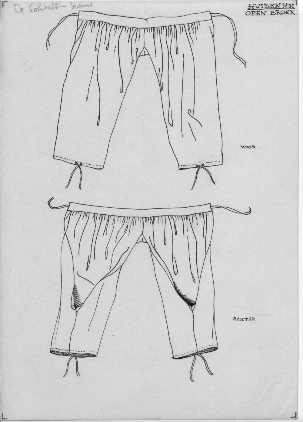 Tekening van een open broek, Huizen