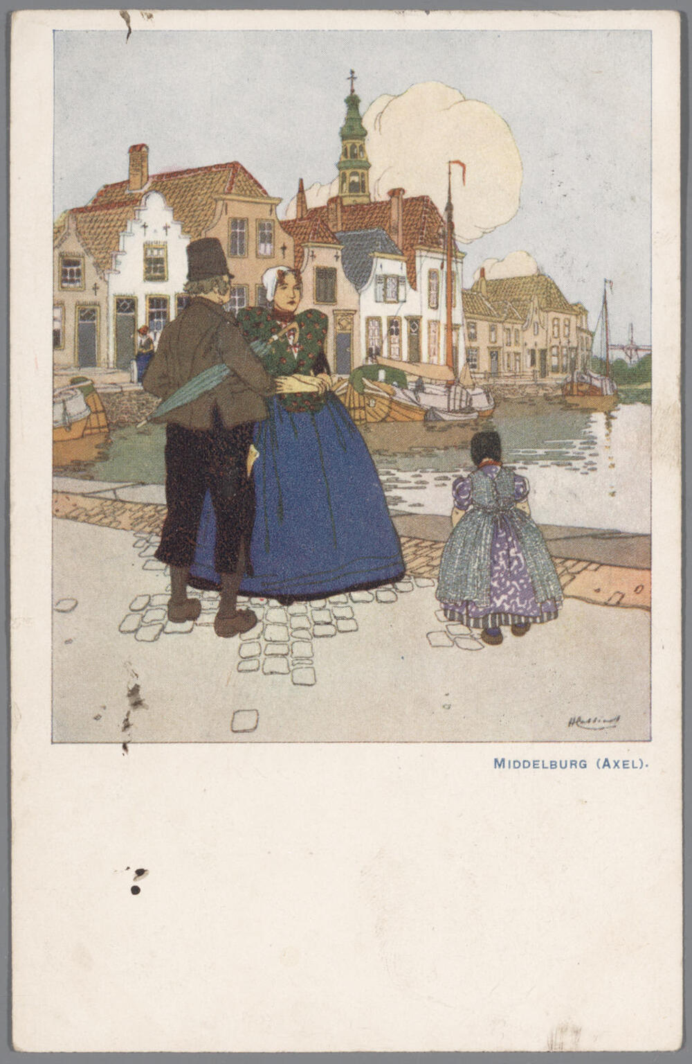 Man, vrouw en meisje in Axelse dracht, aan de haven te Middelburg