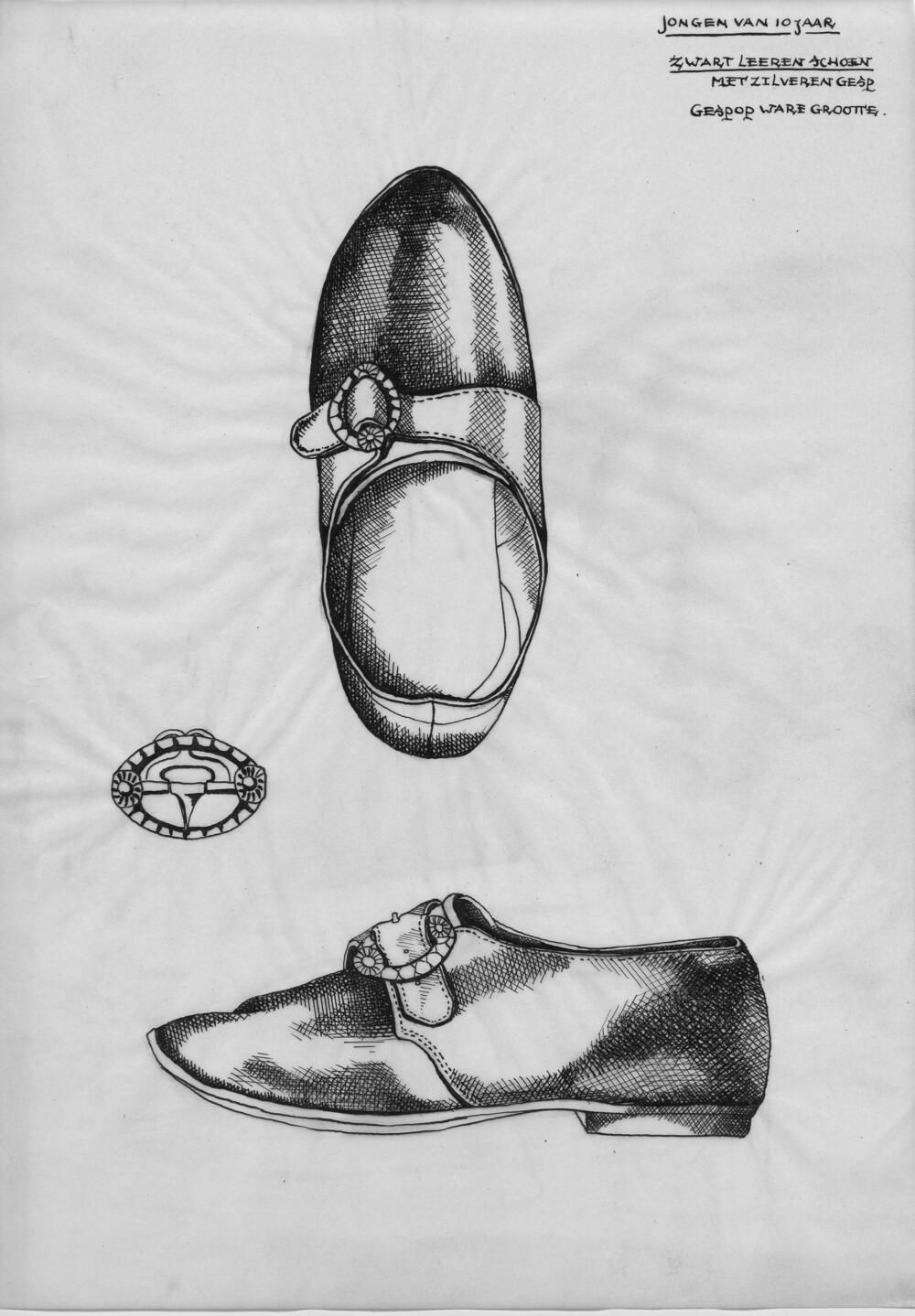 Tekening van schoen en gesp voor jongen van 10 jaar, Hindeloopen